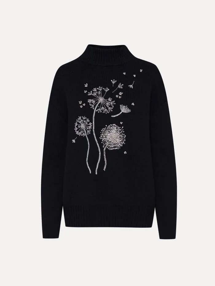 Oscar De La Renta Dandelion Crystal Embroidered Pullover Charcoal Women Blouses and Knits