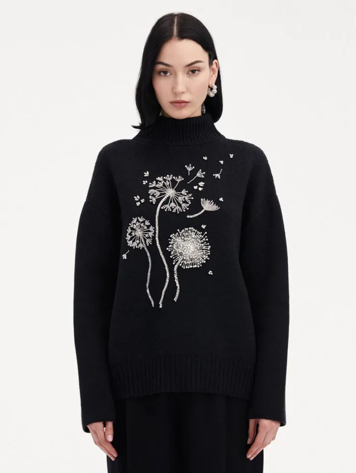 Oscar De La Renta Dandelion Crystal Embroidered Pullover Charcoal Women Blouses and Knits