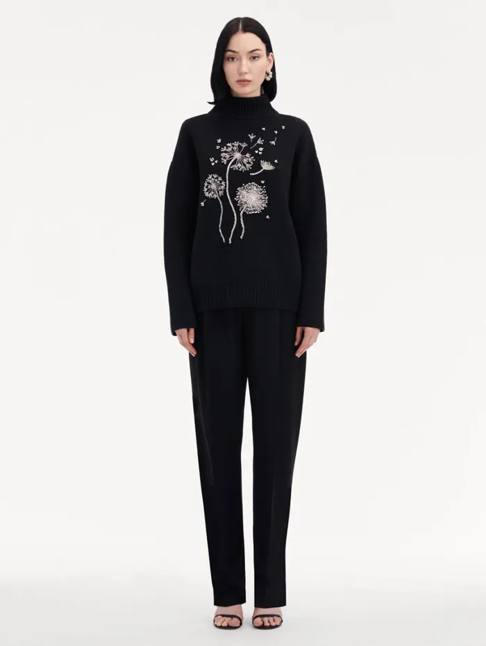 Oscar De La Renta Dandelion Crystal Embroidered Pullover Charcoal Women Blouses and Knits