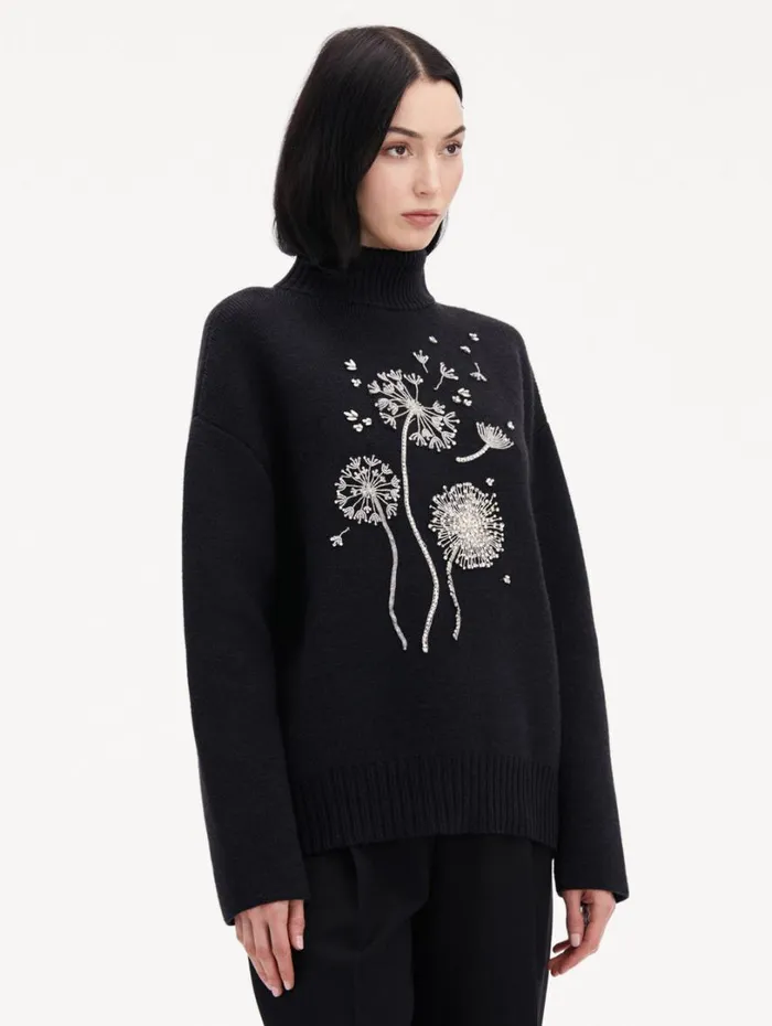 Oscar De La Renta Dandelion Crystal Embroidered Pullover Charcoal Women Blouses and Knits