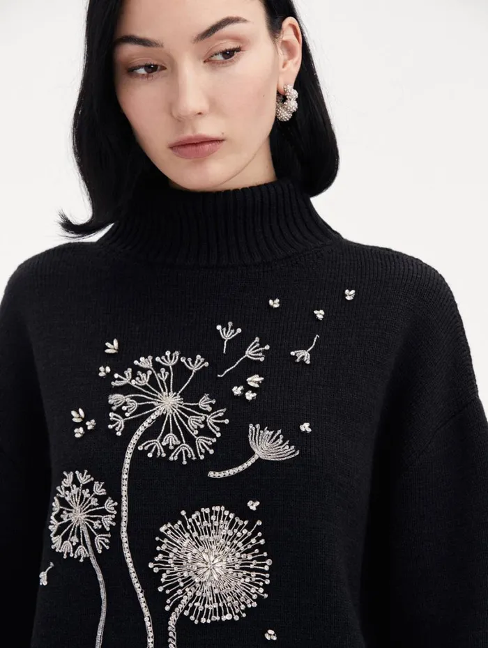 Oscar De La Renta Dandelion Crystal Embroidered Pullover Charcoal Women Blouses and Knits