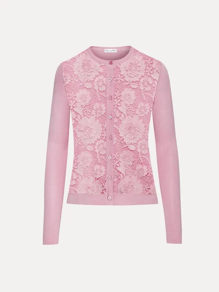 Oscar De La Renta Floral Guipure Inset Cardigan Soft Pink Women Blouses and Knits