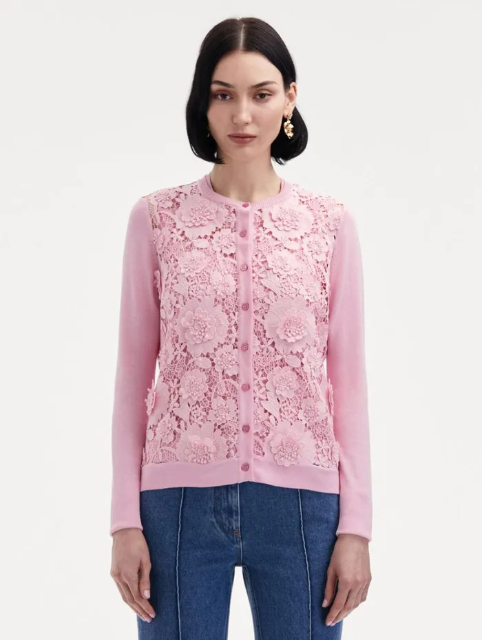Oscar De La Renta Floral Guipure Inset Cardigan Soft Pink Women Blouses and Knits Oscar De La Renta Floral Guipure Inset Cardigan Soft Pink Women Blouses and Knits