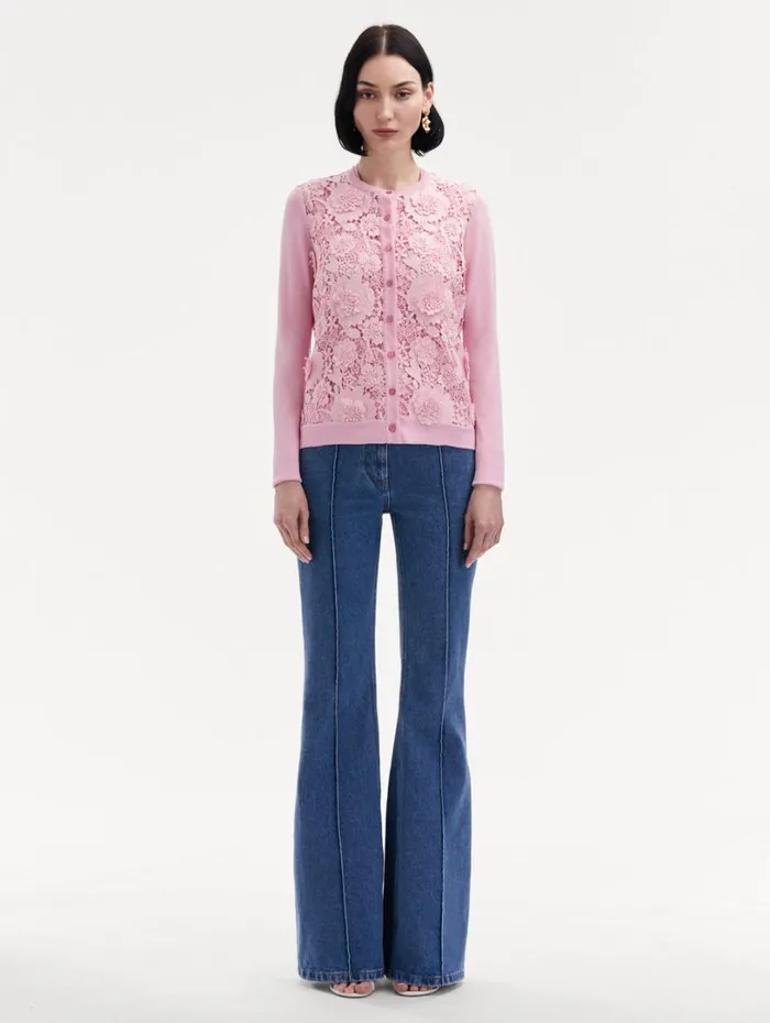 Oscar De La Renta Floral Guipure Inset Cardigan Soft Pink Women Blouses and Knits Oscar De La Renta Floral Guipure Inset Cardigan Soft Pink Women Blouses and Knits