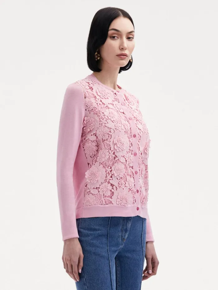 Oscar De La Renta Floral Guipure Inset Cardigan Soft Pink Women Blouses and Knits Oscar De La Renta Floral Guipure Inset Cardigan Soft Pink Women Blouses and Knits