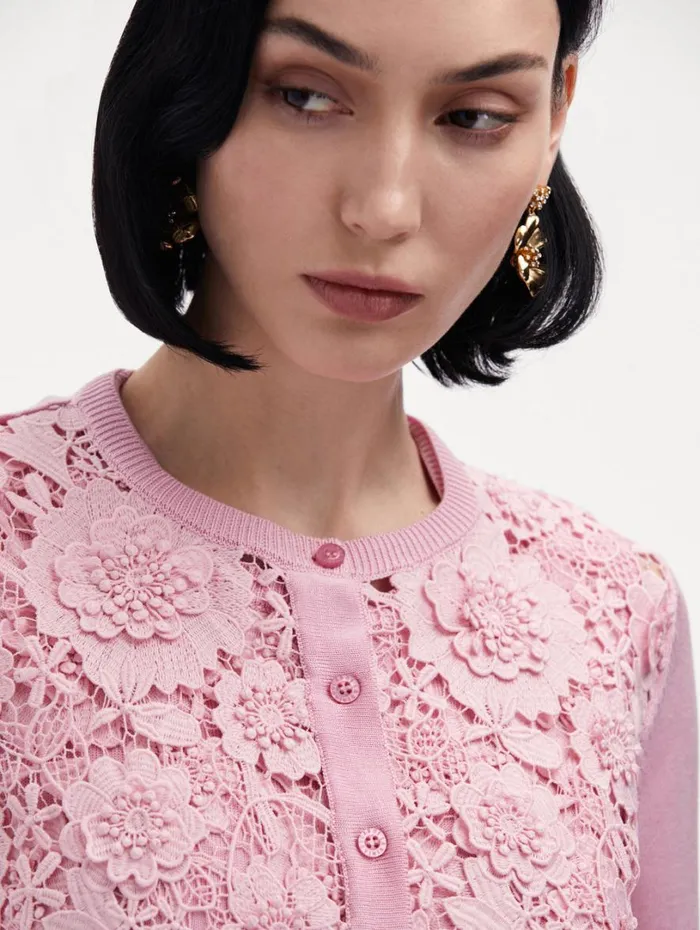 Oscar De La Renta Floral Guipure Inset Cardigan Soft Pink Women Blouses and Knits Oscar De La Renta Floral Guipure Inset Cardigan Soft Pink Women Blouses and Knits