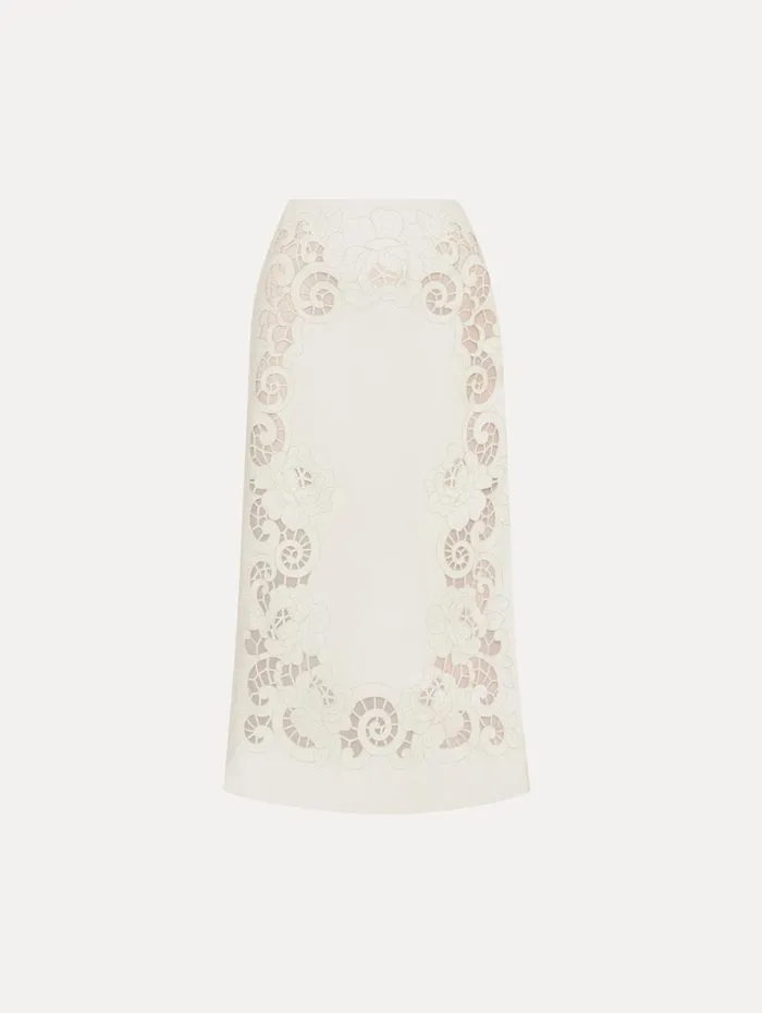 Oscar De La Renta Laser Cut Floral Leather Pencil Skirt White Women Pants and Skirts