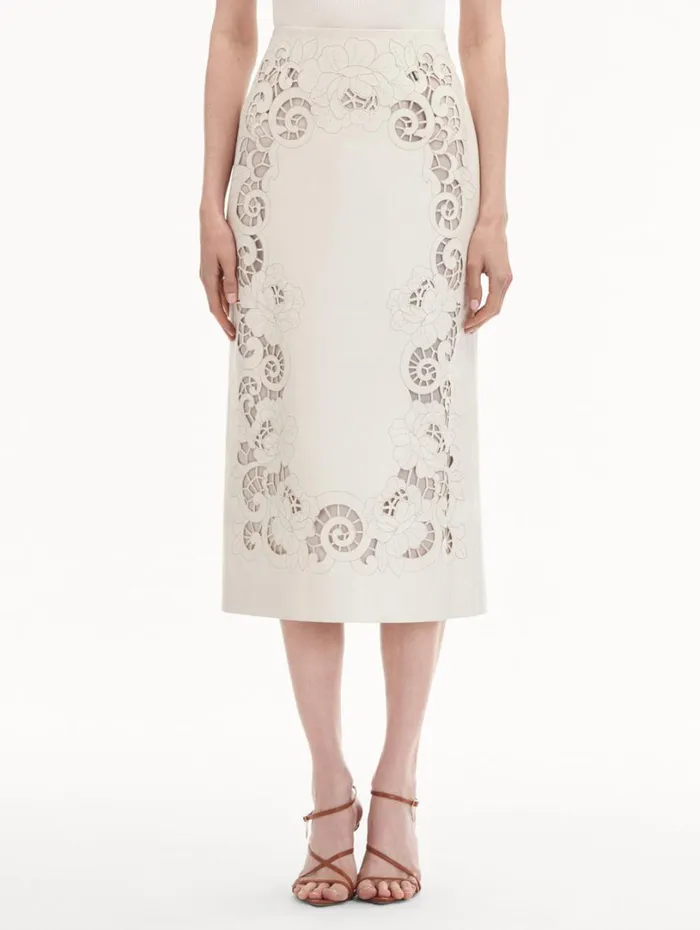 Oscar De La Renta Laser Cut Floral Leather Pencil Skirt White Women Pants and Skirts Oscar De La Renta Laser Cut Floral Leather Pencil Skirt White Women Pants and Skirts