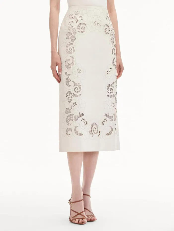 Oscar De La Renta Laser Cut Floral Leather Pencil Skirt White Women Pants and Skirts Oscar De La Renta Laser Cut Floral Leather Pencil Skirt White Women Pants and Skirts