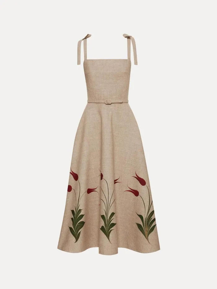 Oscar De La Renta Marbled Tulip Canvas Dress Linen Red Women Dresses
