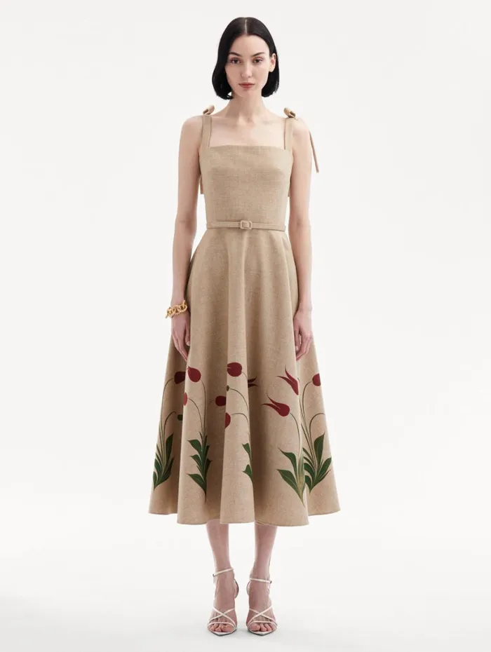 Oscar De La Renta Marbled Tulip Canvas Dress Linen Red Women Dresses Oscar De La Renta Marbled Tulip Canvas Dress Linen Red Women Dresses