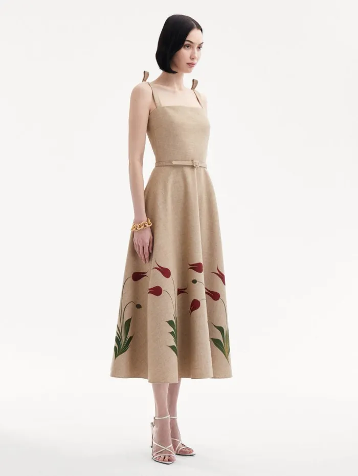 Oscar De La Renta Marbled Tulip Canvas Dress Linen Red Women Dresses Oscar De La Renta Marbled Tulip Canvas Dress Linen Red Women Dresses
