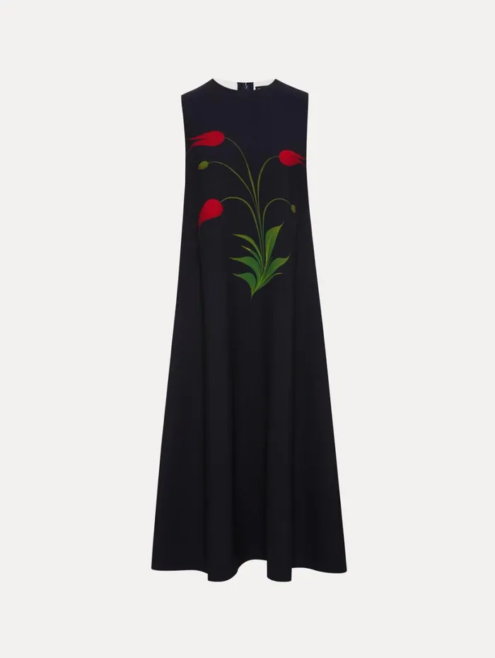 Oscar De La Renta Marbled Tulip Maxi Dress Navy Red Women Dresses