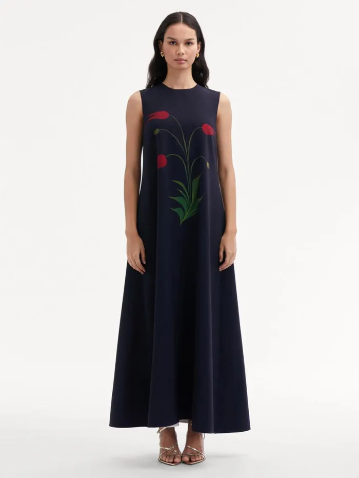 Oscar De La Renta Marbled Tulip Maxi Dress Navy Red Women Dresses