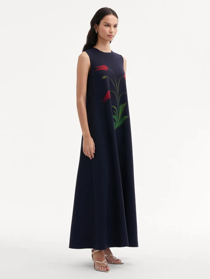 Oscar De La Renta Marbled Tulip Maxi Dress Navy Red Women Dresses