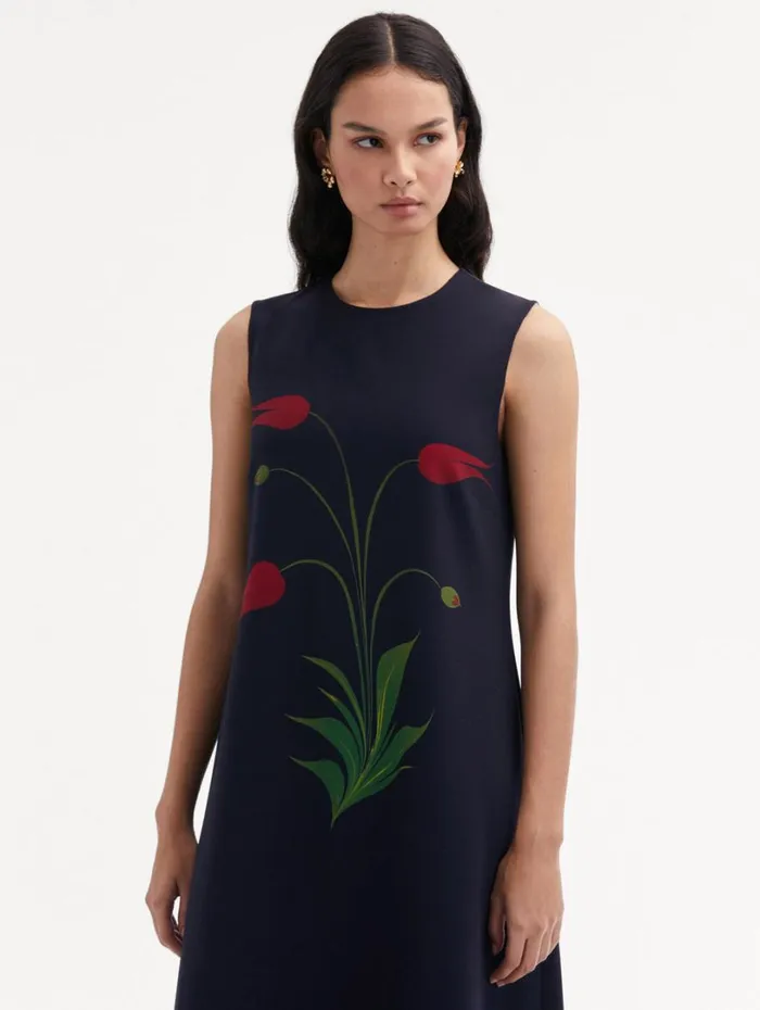 Oscar De La Renta Marbled Tulip Maxi Dress Navy Red Women Dresses