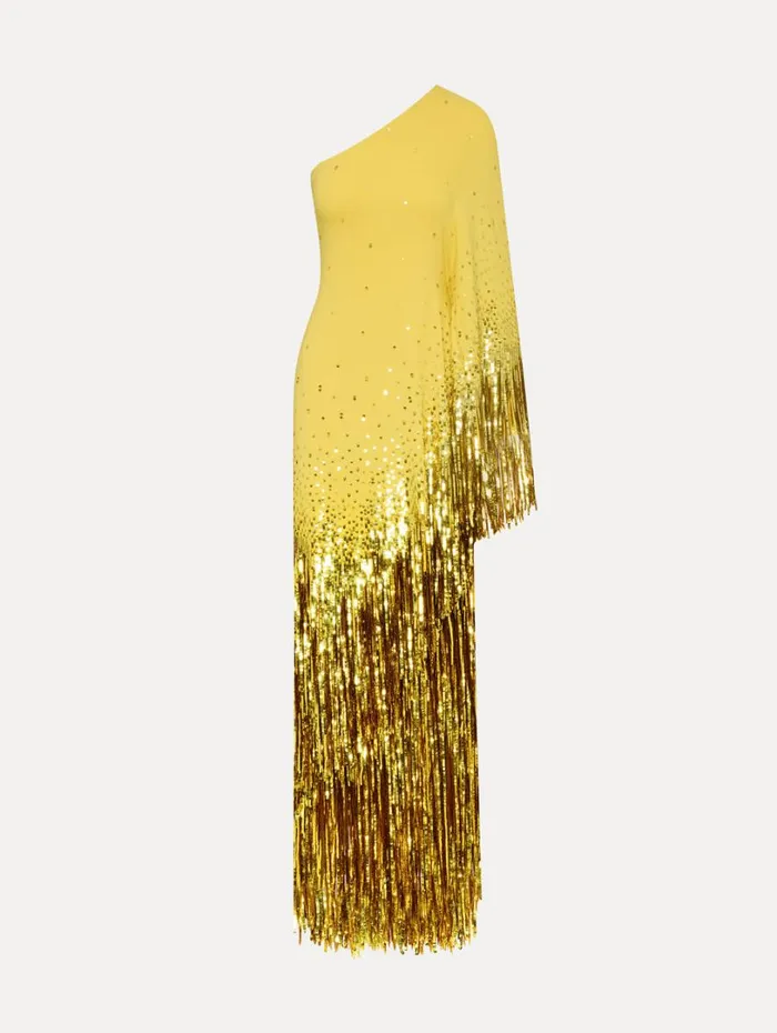 Oscar De La Renta One Shoulder Sequin Fringe Caftan Ginger Women Gowns and Caftans