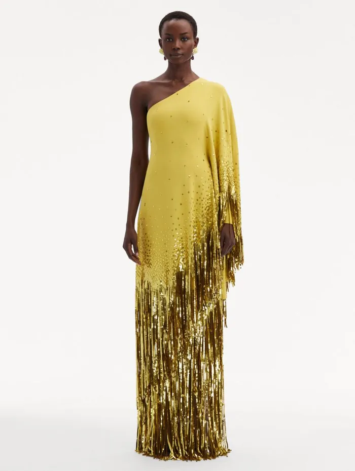 Oscar De La Renta One Shoulder Sequin Fringe Caftan Ginger Women Gowns and Caftans Oscar De La Renta One Shoulder Sequin Fringe Caftan Ginger Women Gowns and Caftans