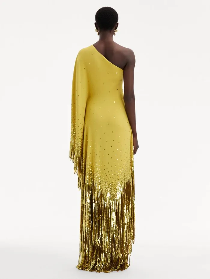 Oscar De La Renta One Shoulder Sequin Fringe Caftan Ginger Women Gowns and Caftans Oscar De La Renta One Shoulder Sequin Fringe Caftan Ginger Women Gowns and Caftans