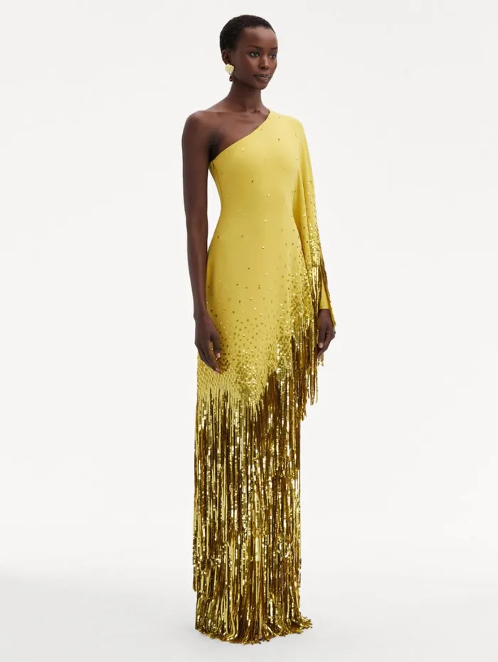 Oscar De La Renta One Shoulder Sequin Fringe Caftan Ginger Women Gowns and Caftans Oscar De La Renta One Shoulder Sequin Fringe Caftan Ginger Women Gowns and Caftans