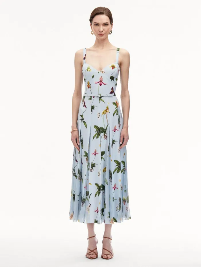 Oscar De La Renta Orchid Cady Inset Maxi Dress Light Blue Multi Women Dresses