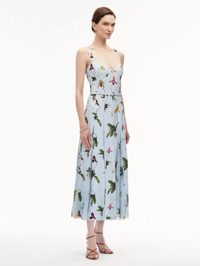 Oscar De La Renta Orchid Cady Inset Maxi Dress Light Blue Multi Women Dresses