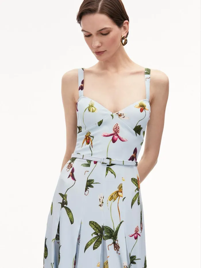 Oscar De La Renta Orchid Cady Inset Maxi Dress Light Blue Multi Women Dresses