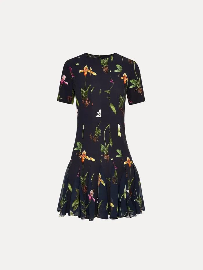 Oscar De La Renta Orchid Cady Inset Mini Dress Navy Multi Women Dresses