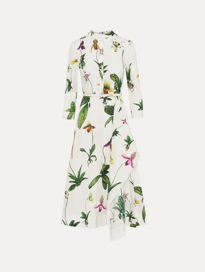 Oscar De La Renta Orchid Cotton Poplin 34 Sleeve Dress White Multi Women Dresses