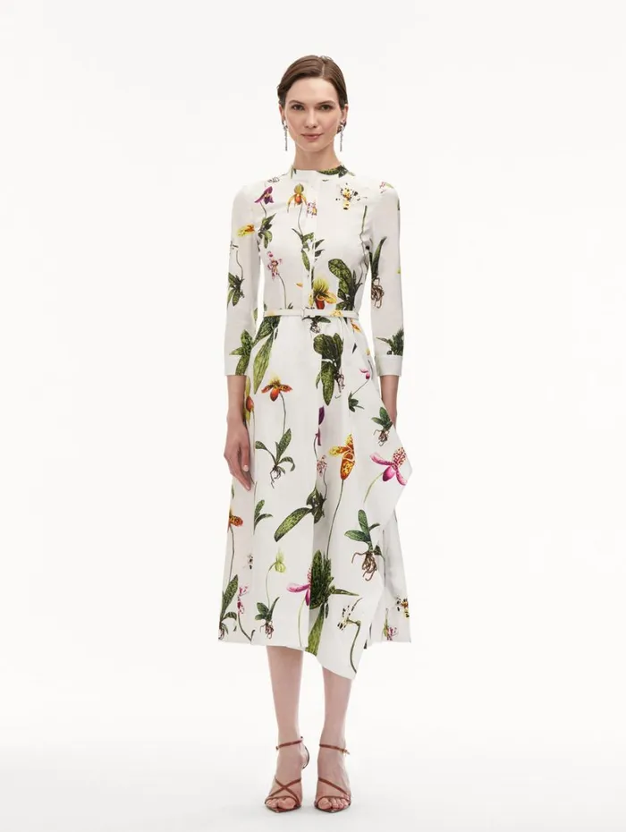 Oscar De La Renta Orchid Cotton Poplin 34 Sleeve Dress White Multi Women Dresses