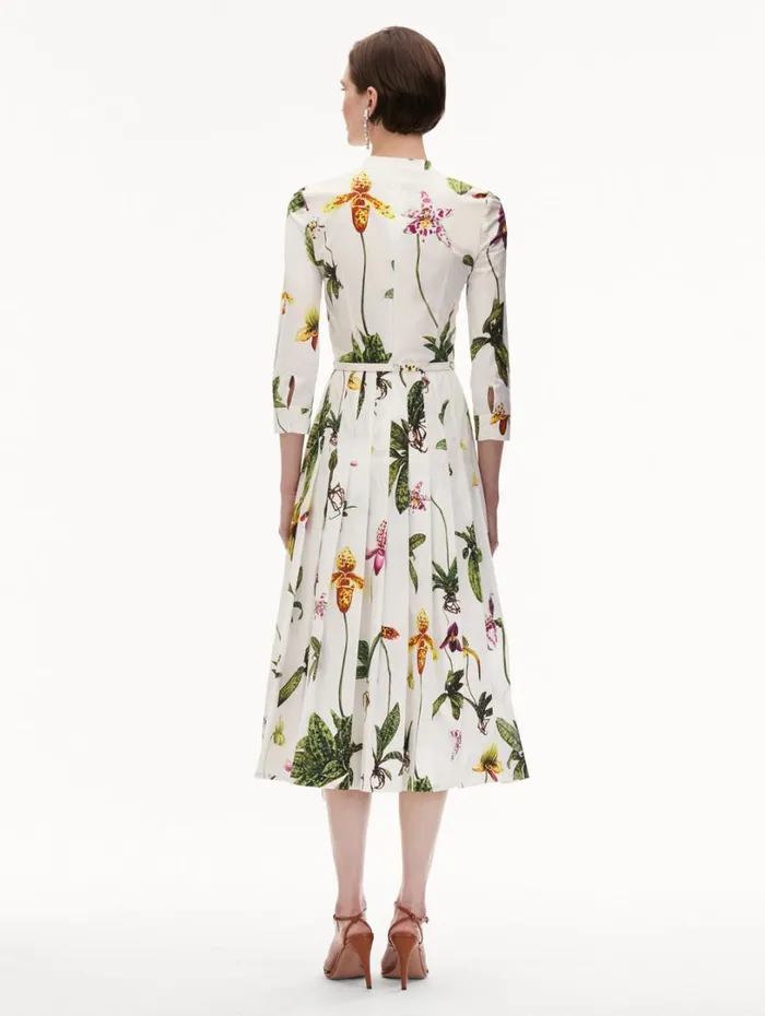 Oscar De La Renta Orchid Cotton Poplin 34 Sleeve Dress White Multi Women Dresses