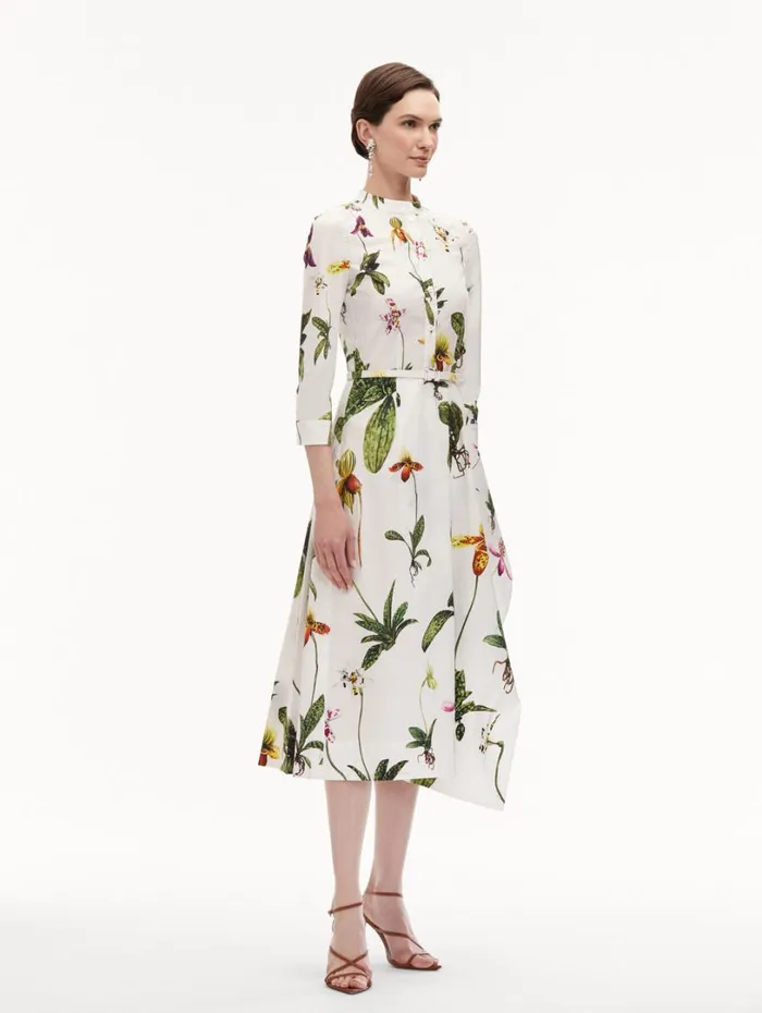 Oscar De La Renta Orchid Cotton Poplin 34 Sleeve Dress White Multi Women Dresses