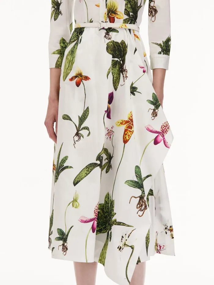 Oscar De La Renta Orchid Cotton Poplin 34 Sleeve Dress White Multi Women Dresses