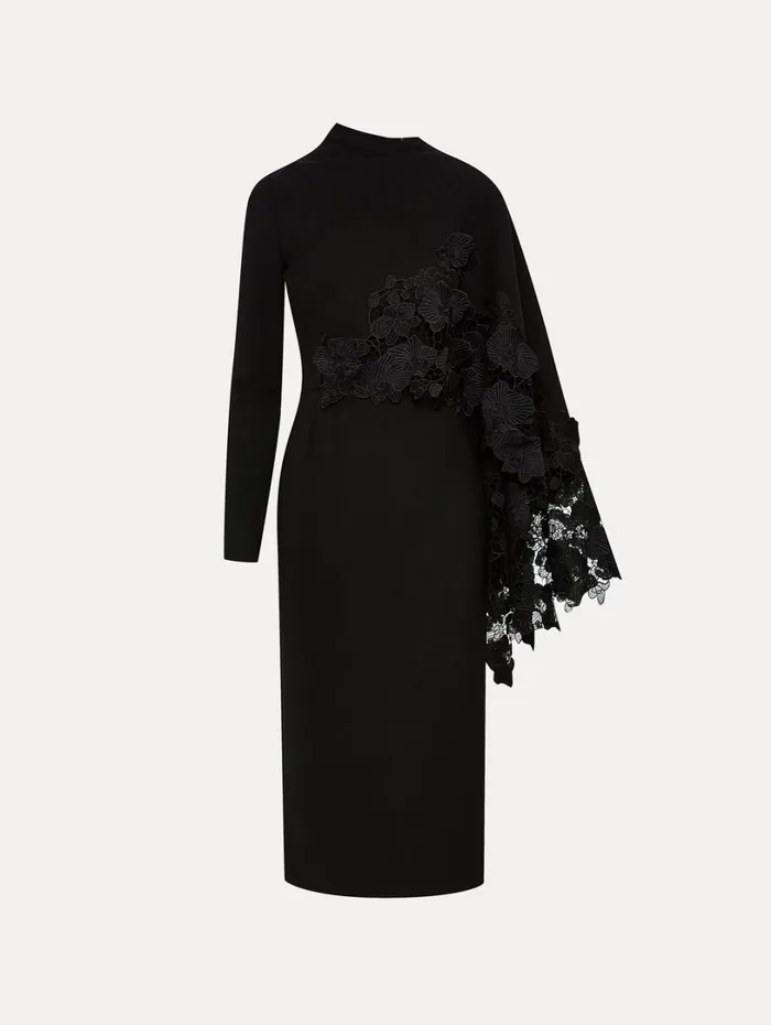 Oscar De La Renta Orchid Guipure Cape Midi Dress Black Women Dresses