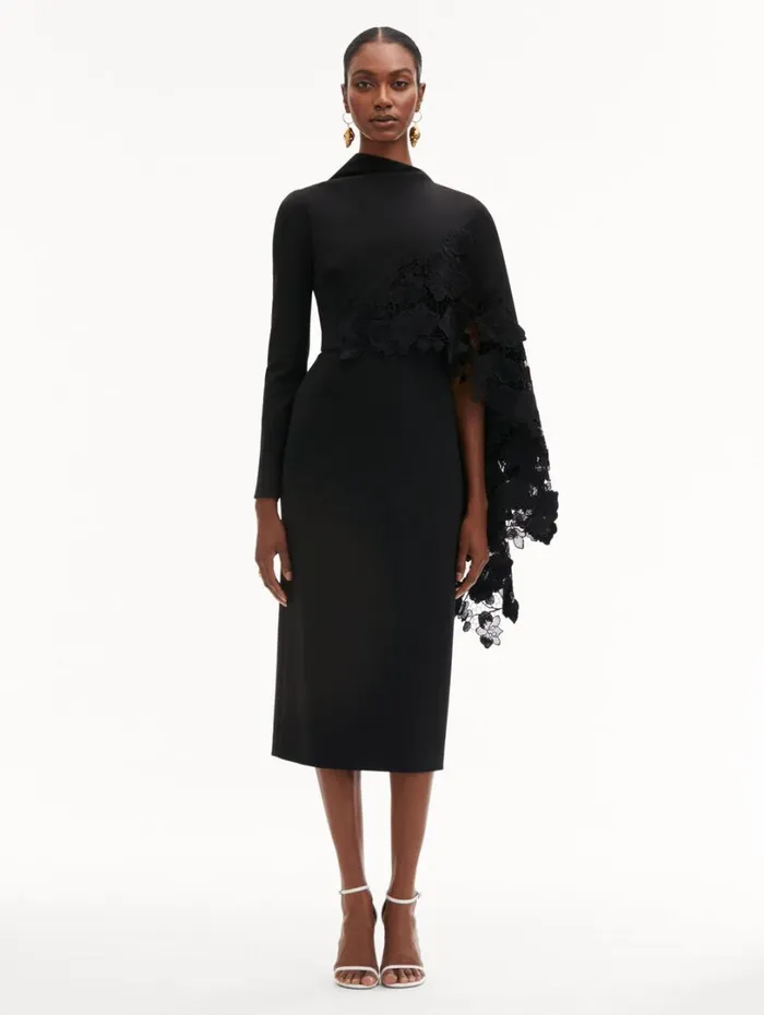 Oscar De La Renta Orchid Guipure Cape Midi Dress Black Women Dresses