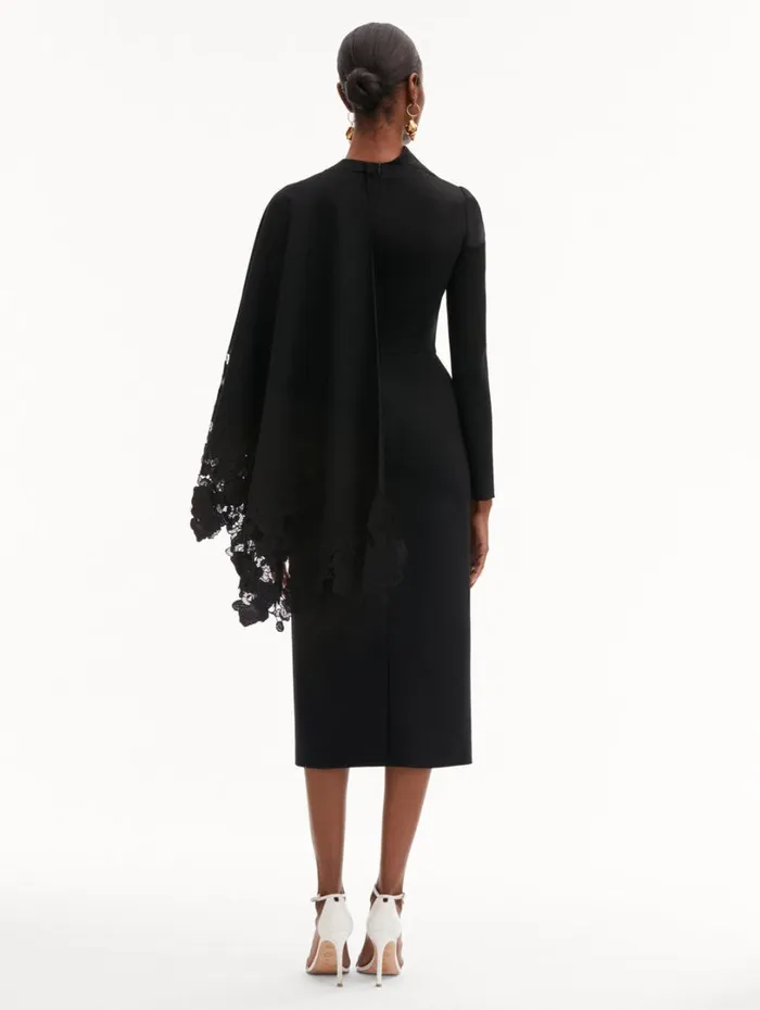 Oscar De La Renta Orchid Guipure Cape Midi Dress Black Women Dresses