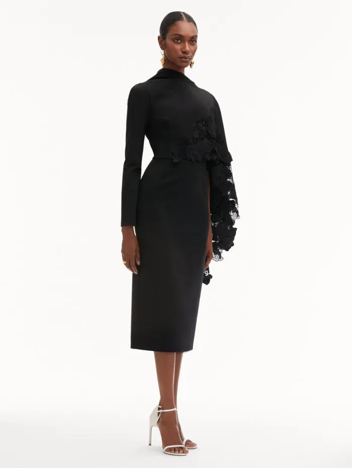 Oscar De La Renta Orchid Guipure Cape Midi Dress Black Women Dresses