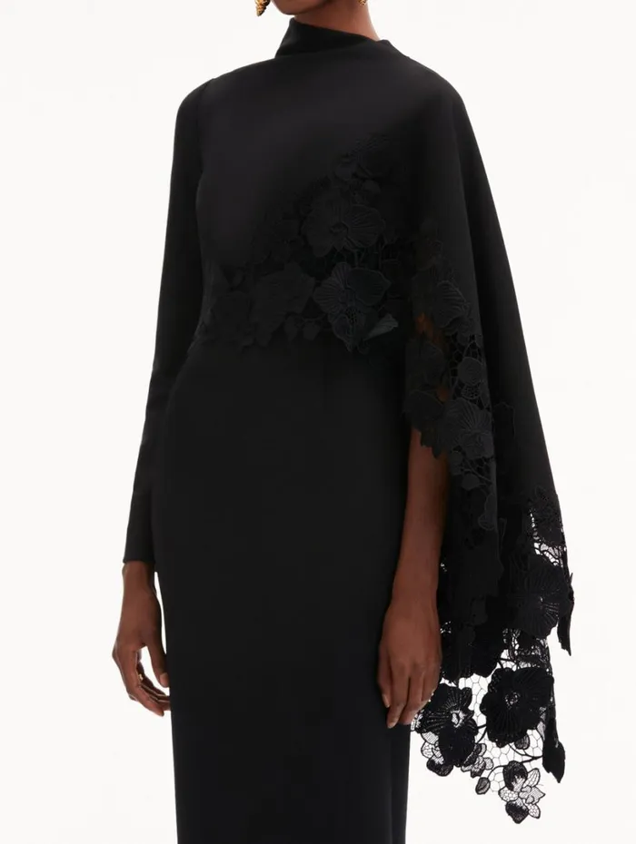 Oscar De La Renta Orchid Guipure Cape Midi Dress Black Women Dresses