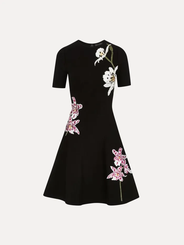 Oscar De La Renta Orchid Threadwork Jacquard Dress Black Multi Women Dresses