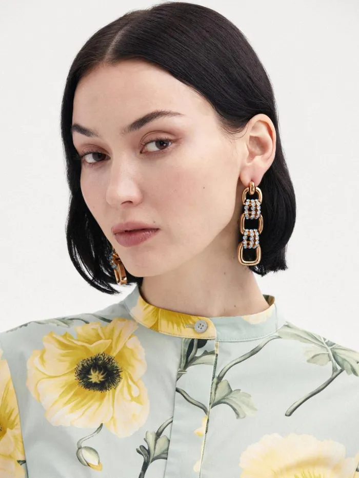 Oscar De La Renta Pav Link Drop Earrings Aquamarine Women Earrings