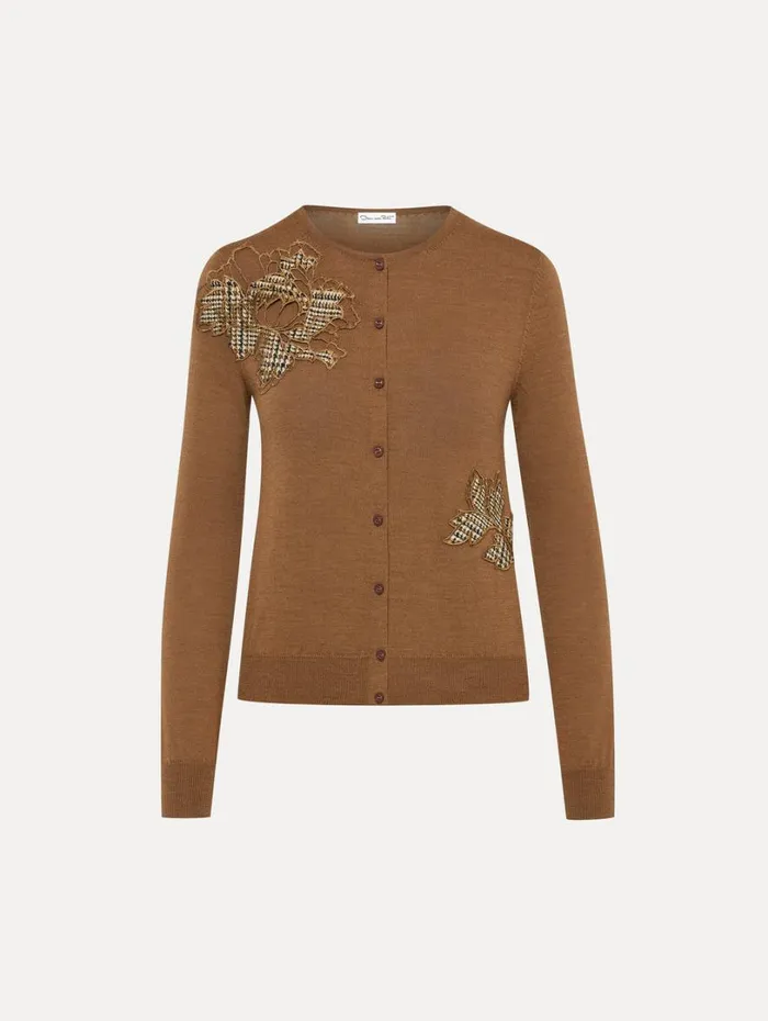 Oscar De La Renta Peony Guipure Appliqu Plaid Cardigan Mocha Women Blouses and Knits