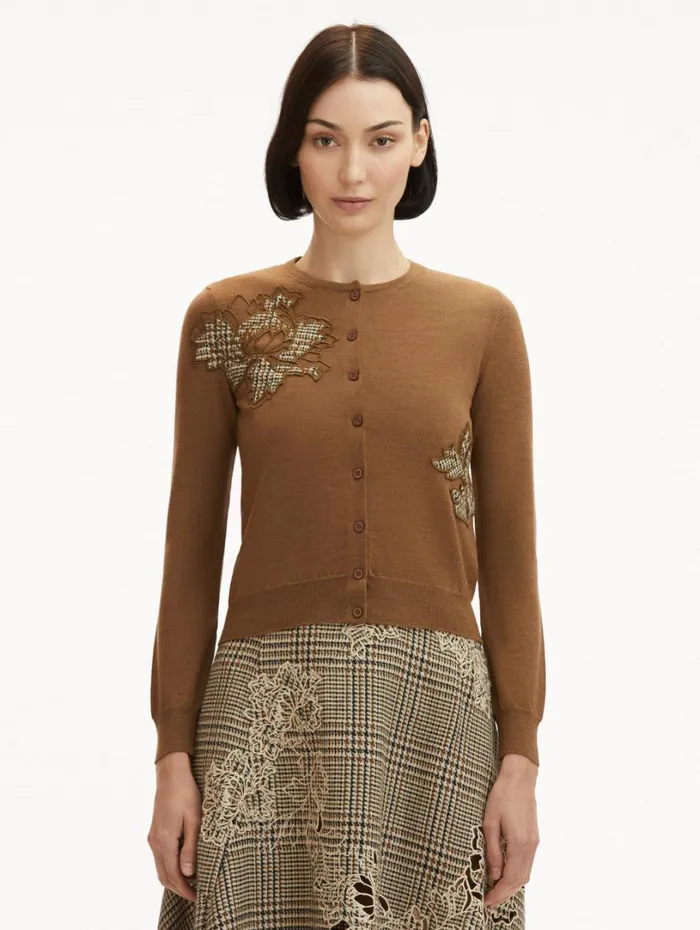 Oscar De La Renta Peony Guipure Appliqu Plaid Cardigan Mocha Women Blouses and Knits