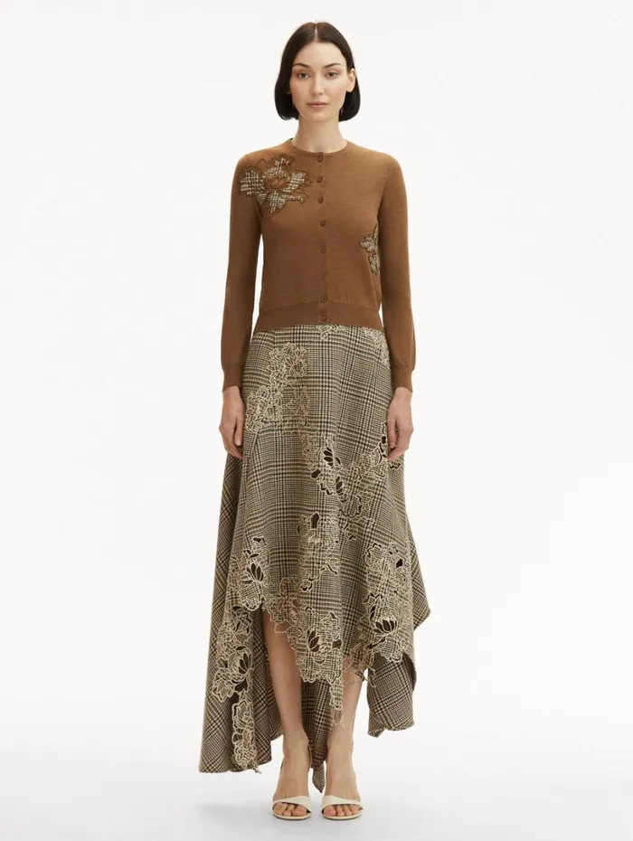 Oscar De La Renta Peony Guipure Appliqu Plaid Cardigan Mocha Women Blouses and Knits