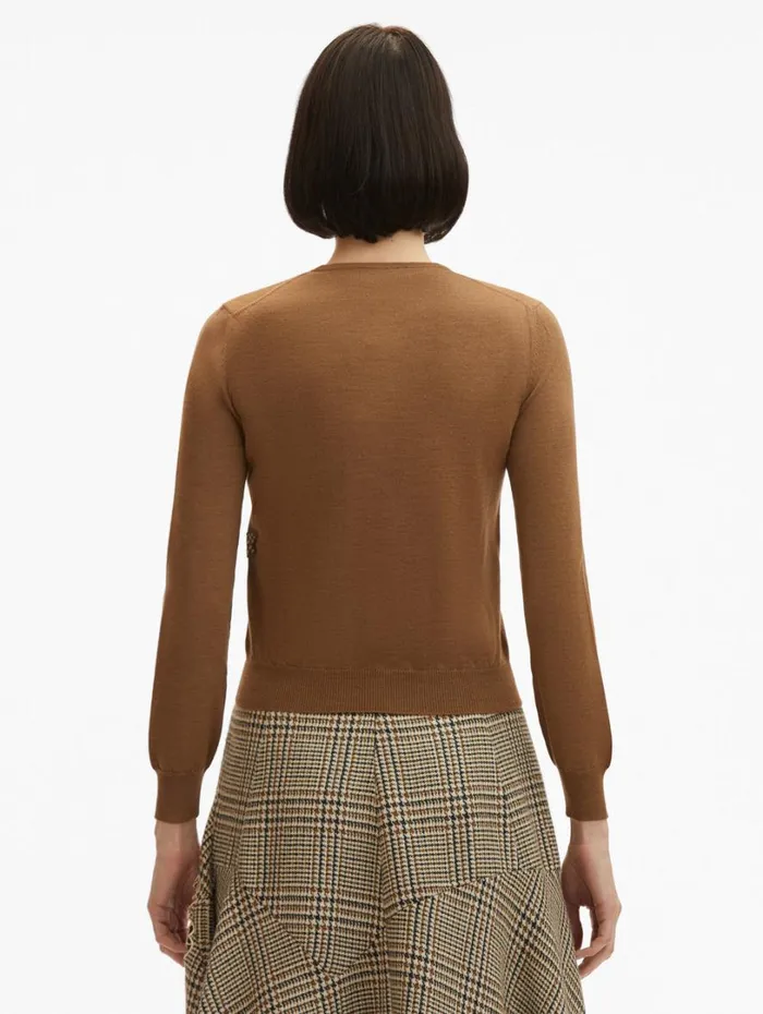 Oscar De La Renta Peony Guipure Appliqu Plaid Cardigan Mocha Women Blouses and Knits