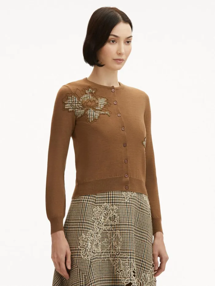 Oscar De La Renta Peony Guipure Appliqu Plaid Cardigan Mocha Women Blouses and Knits