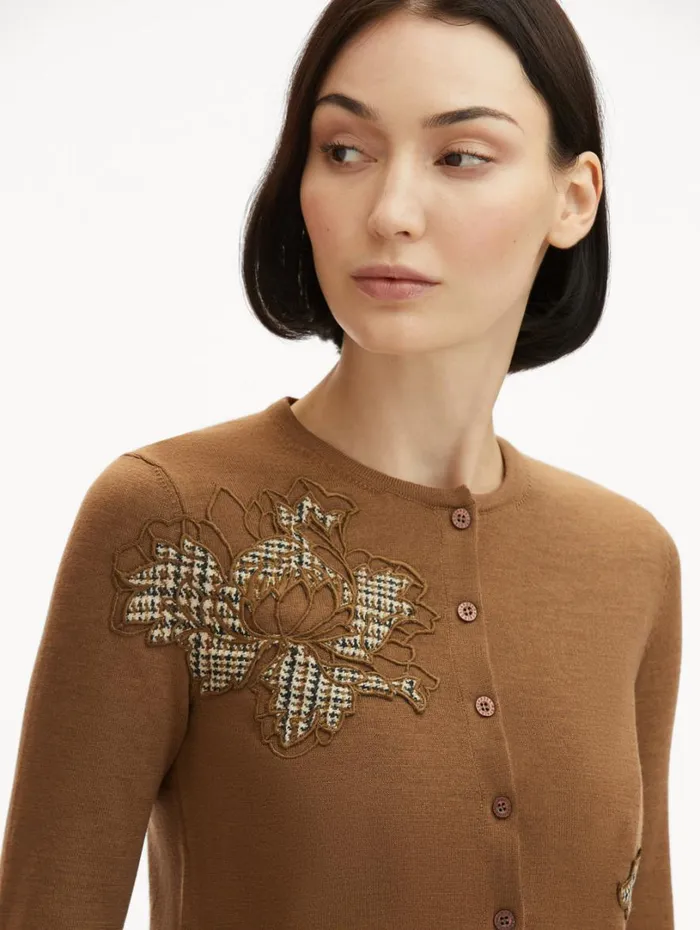 Oscar De La Renta Peony Guipure Appliqu Plaid Cardigan Mocha Women Blouses and Knits
