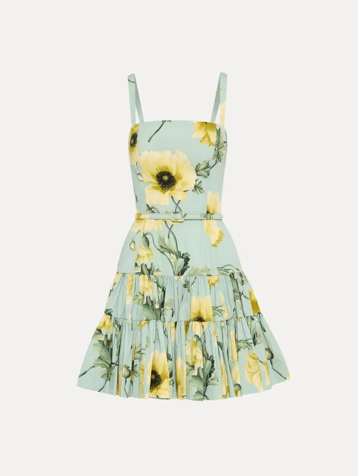 Oscar De La Renta Poppy Cotton Poplin Tiered Mini Dress Sage Yellow Women Dresses