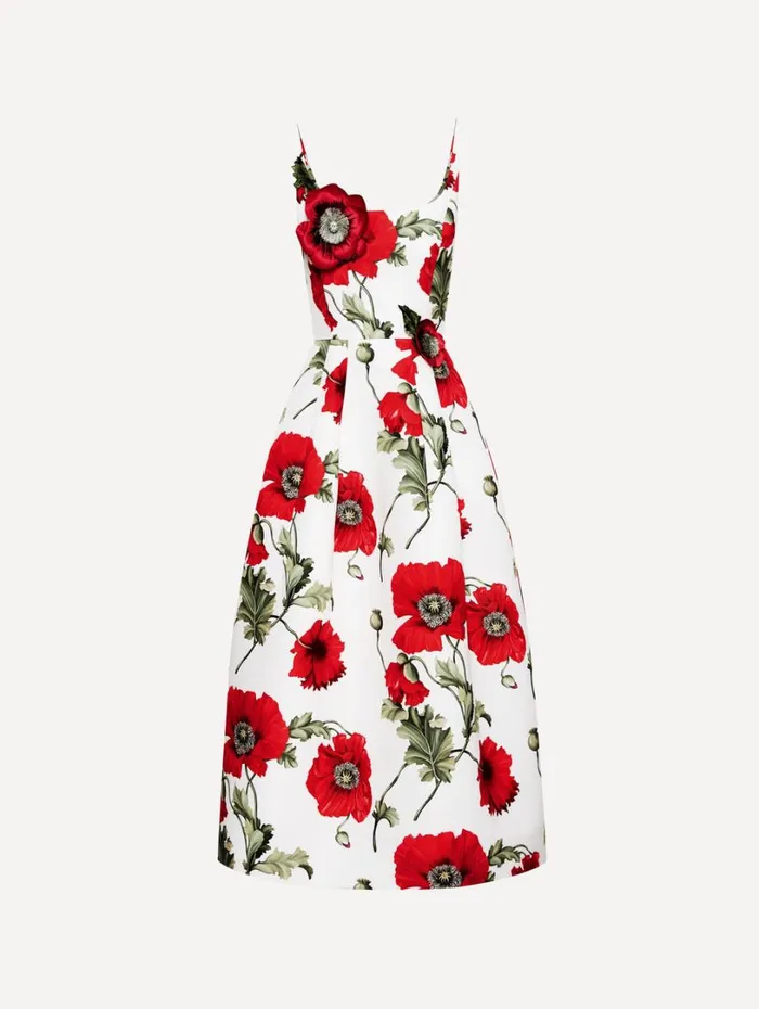 Oscar De La Renta Poppy Embroidered Scoop Neck Dress White Red Women Dresses