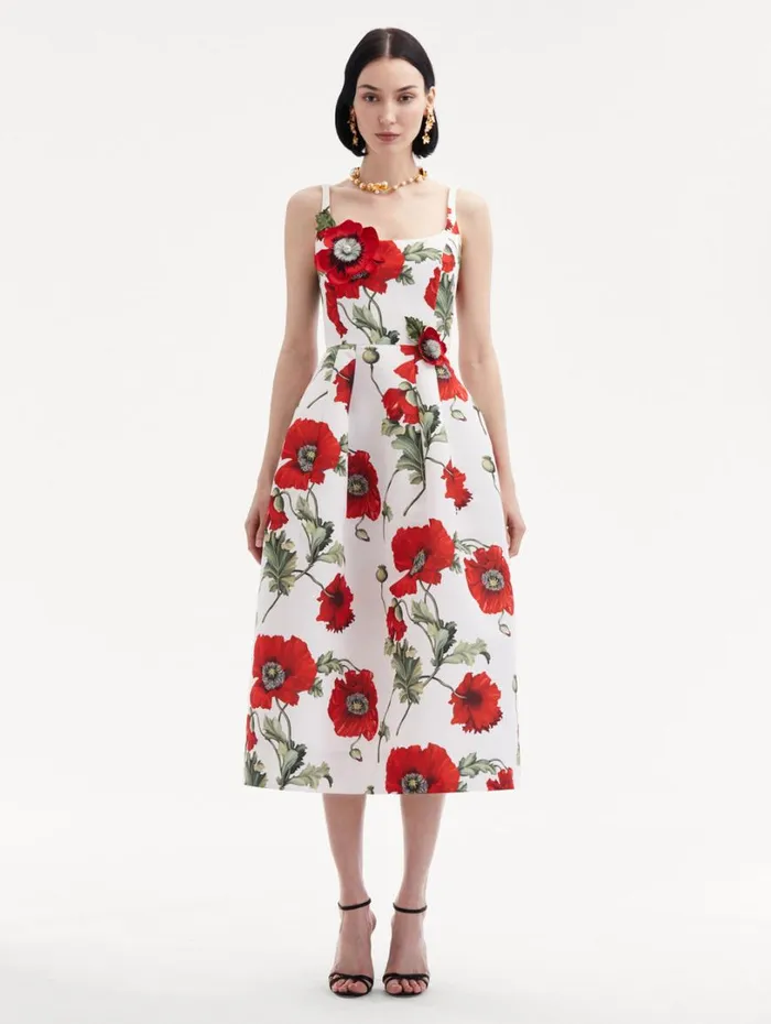 Oscar De La Renta Poppy Embroidered Scoop Neck Dress White Red Women Dresses
