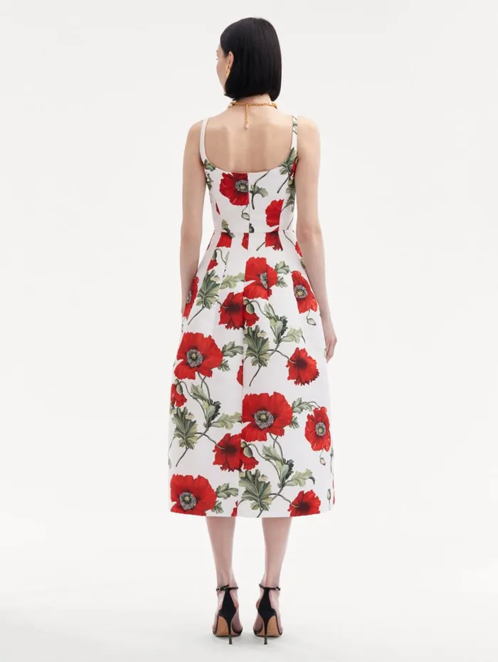 Oscar De La Renta Poppy Embroidered Scoop Neck Dress White Red Women Dresses